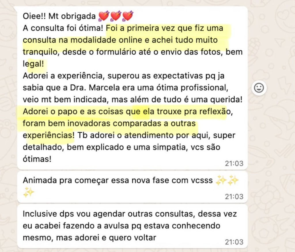 Depoimento no WhatsApp sobre consulta online