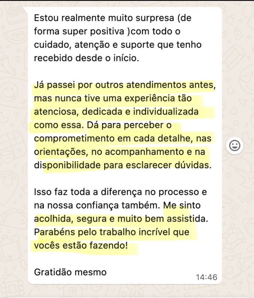 Depoimento no WhatsApp sobre atendimento individualizado