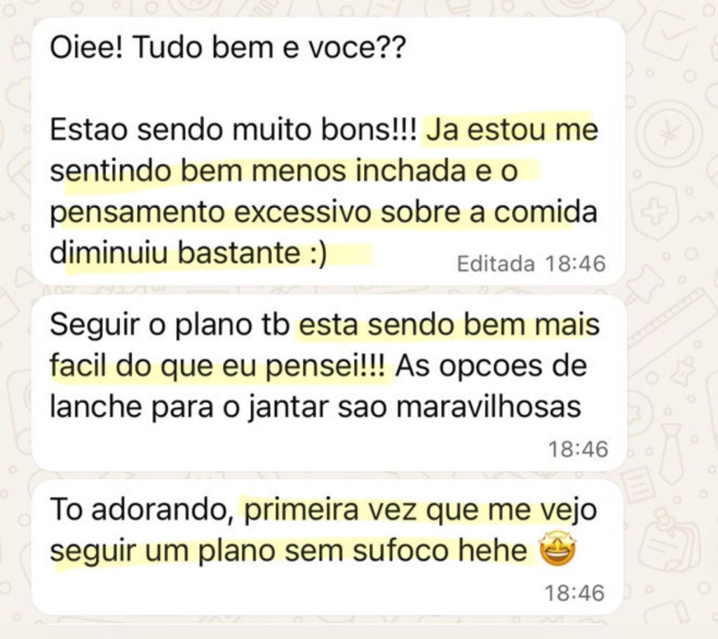 Depoimento no WhatsApp sobre resultados no acompanhamento