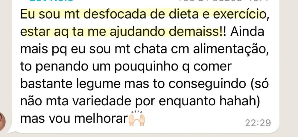 Depoimento no WhatsApp sobre constância no plano