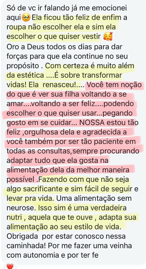 Depoimento no WhatsApp de familiar sobre transformação